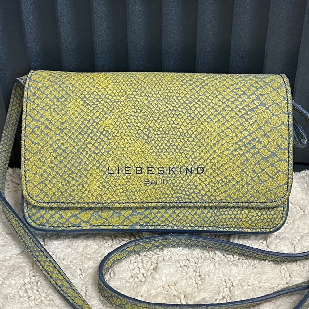 Liebeskind Wallet Clutch Crossbody Bag Snakeskin Reptile Print Blue Chartreuse